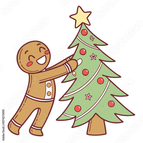 Gingerbread Man Christmas Cheer: A cheerful gingerbread man with rosy cheeks embraces a decorated Christmas tree, spreading festive joy and warmth with a touch of whimsy.  