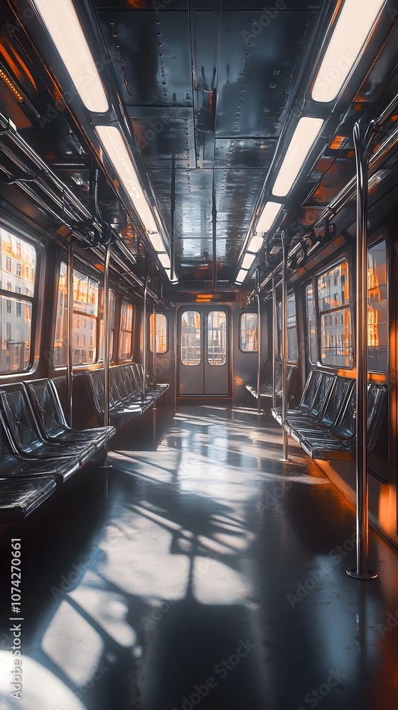 Fototapeta premium An underground train compartment captured from a dramatic bottom-up angle.