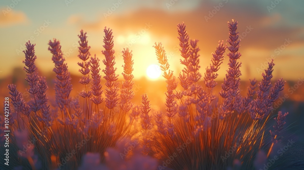 A 3D outline of lavender and wheat stalks casting shadows in the setting sun. A 3D outline of lavender and wheat stalks casting shadows in the setting sun.