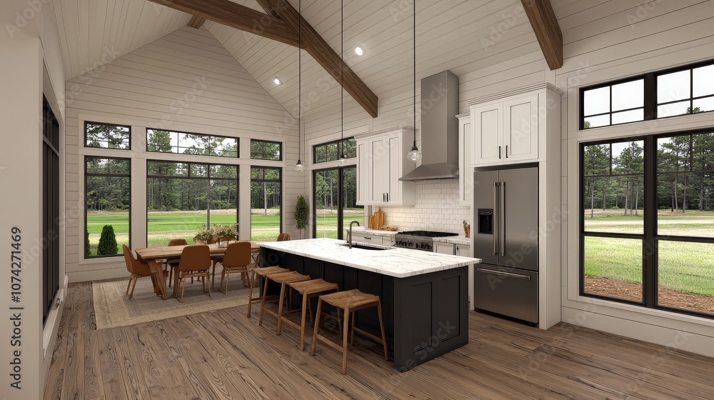 Fototapeta premium Modern Farmhouse Kitchen Interior Design with Island and Stainless Steel Appliances