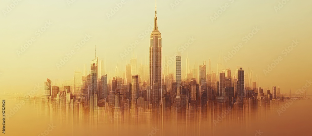 Obraz premium A hazy, dreamy cityscape with tall skyscrapers silhouetted against a golden sky.