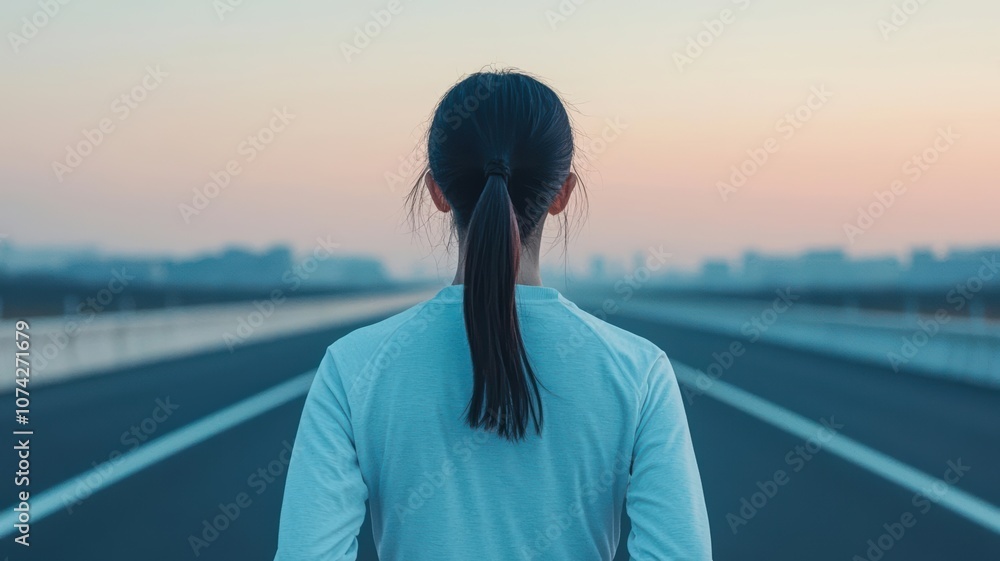Woman running along an empty highway at dusk, horizon in background, self-care and mental health Night run, wellness, self-care Woman running along an empty highway at dusk, horizon in background, self-care and mental health Night run, wellness, self-care