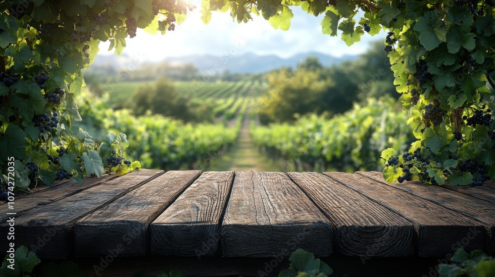 Naklejka premium Vineyard Scene Featuring a Wooden Table with Wine Bottles and Glasses Perfect for Product Advertisement and Marketing Campaigns