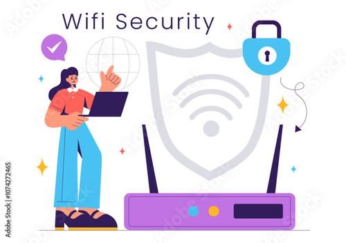 WiFi Security Vector Illustration with Wireless Technology Devices for Internet Connection, Network Protection, Safe Access, and Password Encryption