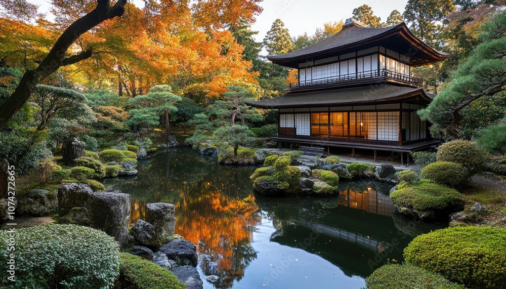 Autumn Leaves Reflecting in Tranquil Pond with Traditional Japanese Architecture Autumn Leaves Reflecting in Tranquil Pond with Traditional Japanese Architecture