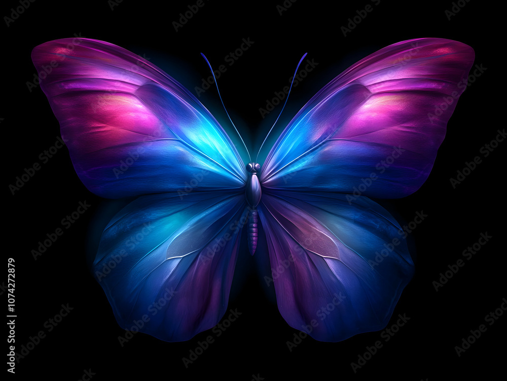 Fototapeta premium A vibrant butterfly with stunning blue and pink wings against a dark background, symbolizing beauty and transformation.