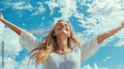Young woman with a joyful expression, arms stretched wide and basking in the sunlight under a vibrant blue sky with soft clouds. Freedom, happiness, and connection to nature concept.