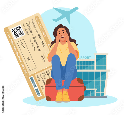 Vector flat illustration of the concept of missing a flight. Airport, boarding pass, and airplane icon in background.