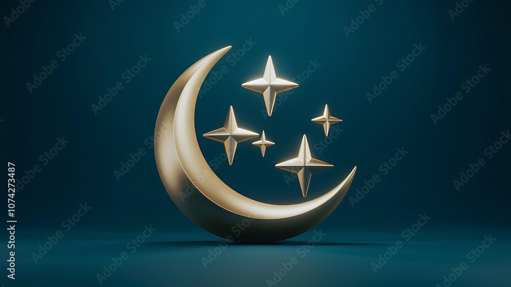 Golden Crescent Moon with Stars on a Teal Background Golden Crescent Moon with Stars on a Teal Background