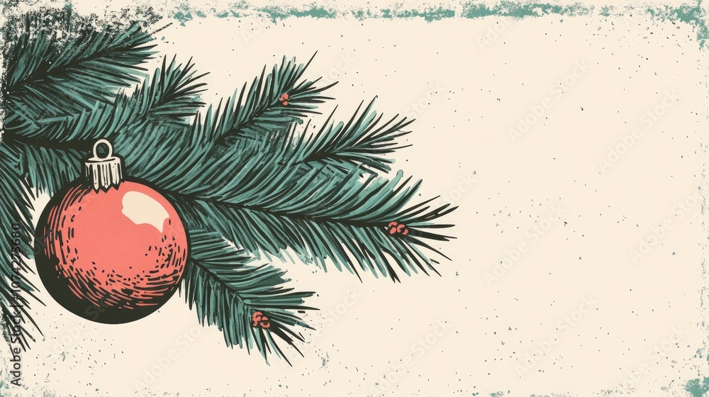 Retro illustration of a fir tree branch adorned with a decorative ball festive design for coloring activity on a white background Retro illustration of a fir tree branch adorned with a decorative ball festive design for coloring activity on a white background