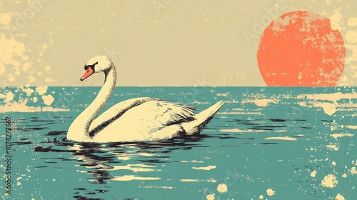 Fototapeta Naklejka Na Ścianę i Meble -  Retro illustration of a serene swan resting on a tranquil winter lake