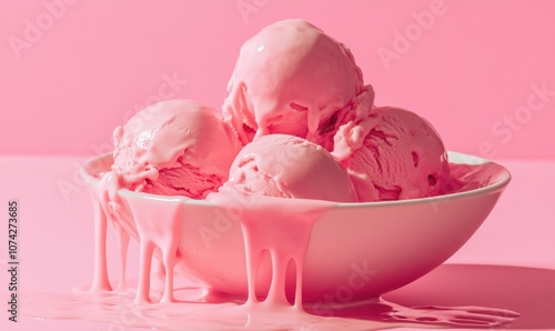 Melting Pink Ice Cream in a White Bowl on a Pink Background