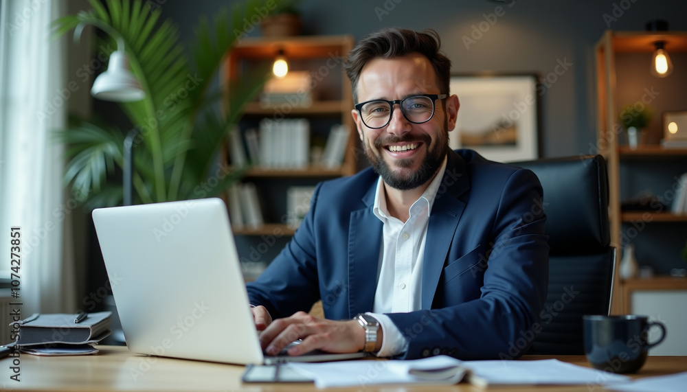 Happy businessman in ofice working on laptop Happy businessman in ofice working on laptop