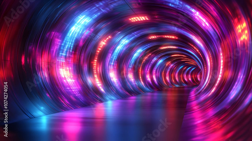 A vibrant laser-lit tunnel with swirling patterns, showcasing a blend of colors and futuristic ambiance.