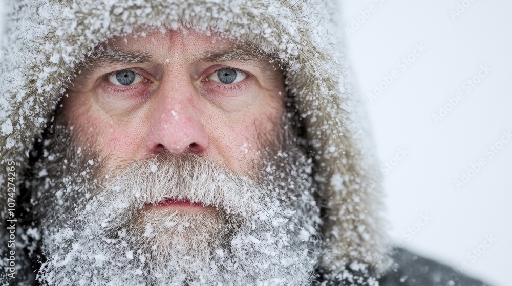 Man with Snow Covered Beard and Fur Hood in Winter Man with Snow Covered Beard and Fur Hood in Winter