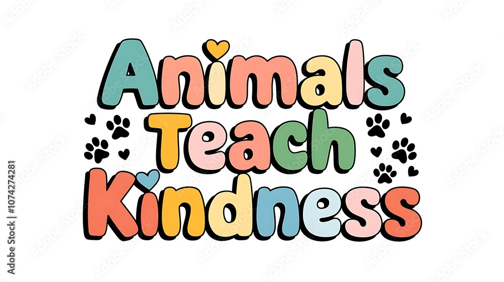 Fototapeta premium Animals Teach Kindness Text Graphic with Hearts and Paw Prints