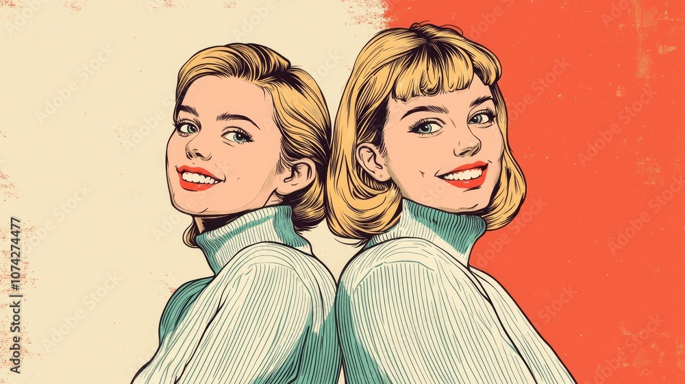 Cute teenage girlfriends in white turtleneck sweaters sitting back to back smiling Retro illustration for coloring book Cute teenage girlfriends in white turtleneck sweaters sitting back to back smiling Retro illustration for coloring book