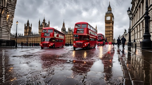 United kingdom a rainy london street with the iconic big ben and red double decker buses, Ai Generated