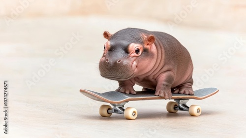 Adorable Pygmy Hippo on a Skateboard A cute pygmy hippo standing on a skateboard, showcasing a humorous and playful scene with an unusual animal activity
