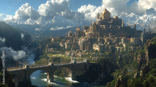 Enchanting Fantasy Castle on a Hill Surrounded by Majestic Mountains and Lush Forests Under a Dramatic Sky with Fluffy Clouds in a Vibrant Landscape