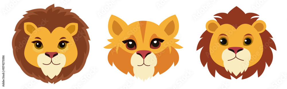 Obraz premium Vector illustration in a flat style features three cartoon lion faces with distinct expressions and fur colors. Masks of animals.