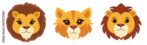 Vector illustration in a flat style features three cartoon lion faces with distinct expressions and fur colors. Masks of animals.
