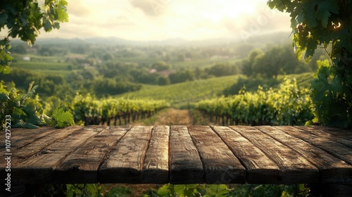 Aesthetic Wine-Themed Background Featuring a Rustic Wooden Table Set in a Beautiful Vineyard for Inspirational Wine-Related Designs