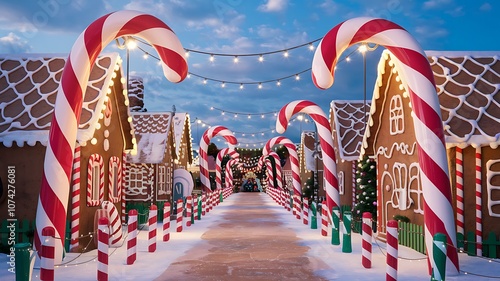 Festive Gingerbread Village Street Decorated with Candy Canes and Lights