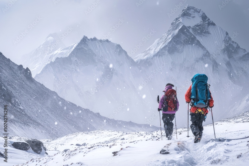 Asian couple hiking Everest snow mountain backpack. Asian couple hiking Everest snow mountain backpack.