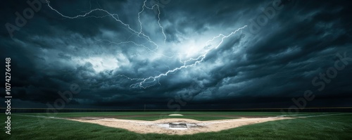Dramatic storm clouds loom over an empty baseball field.