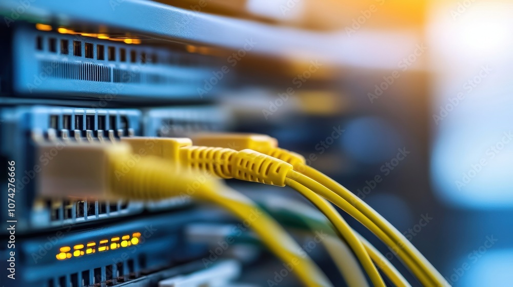 Close-up View of Network Cables Connected to Server Equipment with Warm Glowing Light, Showcasing the Complexity of Modern Data Communication Technology Close-up View of Network Cables Connected to Server Equipment with Warm Glowing Light, Showcasing the Complexity of Modern Data Communication Technology