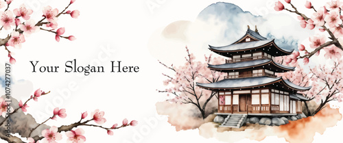 Japan background with traditional house and sakura trees