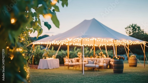Elegant outdoor tent setup illuminated by string lights at dusk.