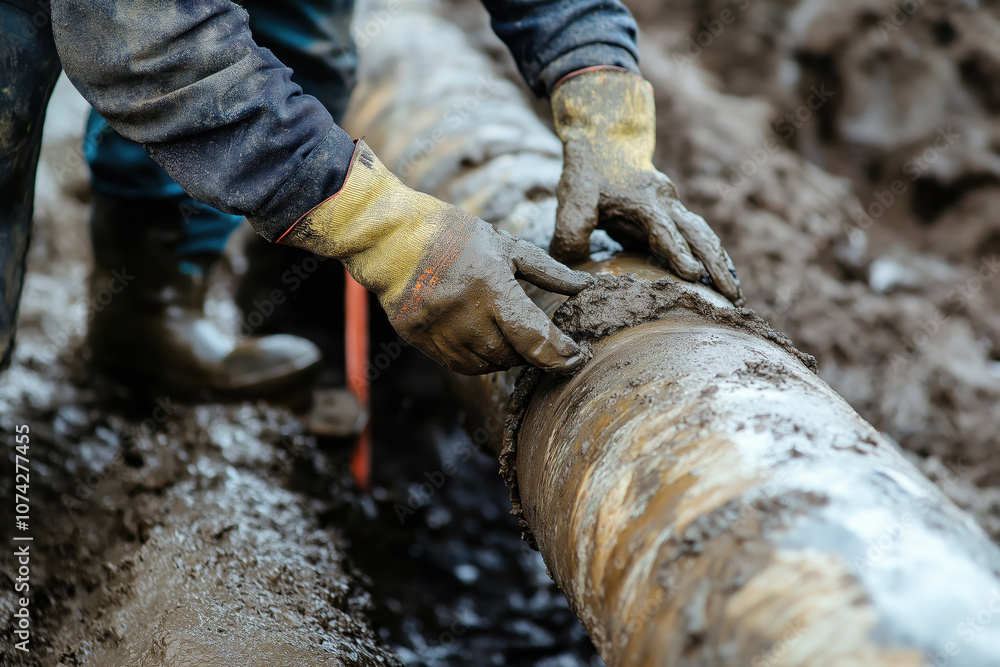 Muddy repair of a leaking pipeline in construction worksite