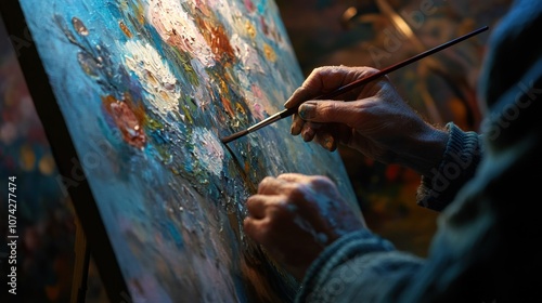 Close-up of a Painter's Hands Applying Paint to a Canvas photo