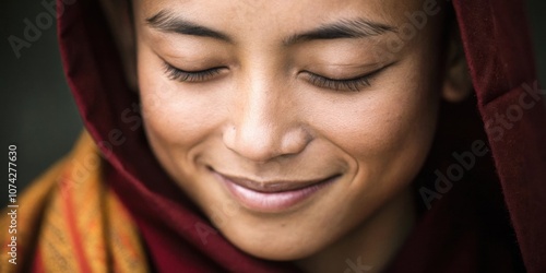 Calm Expression A closeup of a persons serene face eyes gently closed with a peaceful smile embodying tranquility and mindfulness during meditation.