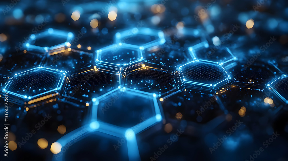 Close-up of illuminated hexagonal patterns showcasing a futuristic scientific design with glowing effects. Close-up of illuminated hexagonal patterns showcasing a futuristic scientific design with glowing effects.