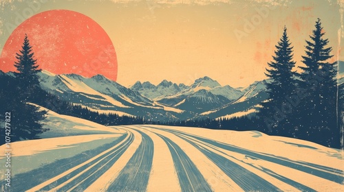 Retro illustration of ski tracks in a mountainous landscape