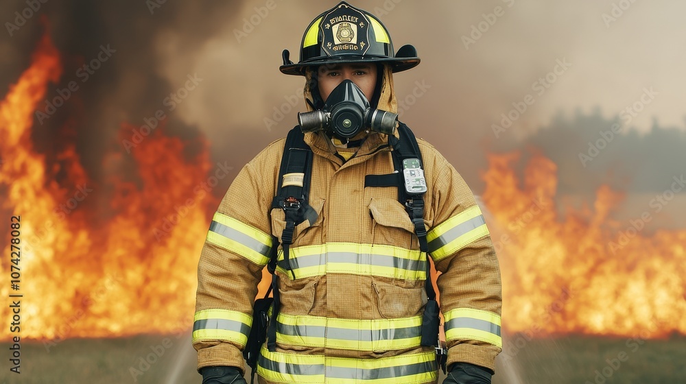 Firefighter in Full Gear Facing Blaze Smoke and Flames Firefighter in Full Gear Facing Blaze Smoke and Flames