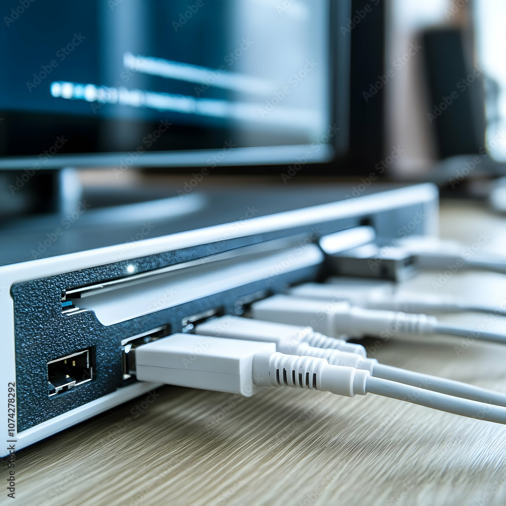 Close-up view of a modern device with multiple USB and data cables connected to it on a wooden table. Close-up view of a modern device with multiple USB and data cables connected to it on a wooden table.