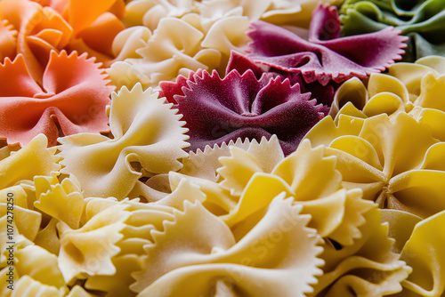 Colorful bow tie pasta texture with assorted vibrant hues in close up display photo