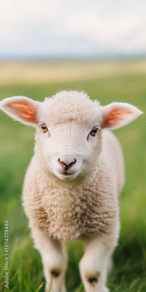 Adorable lamb in lush green field with soft wool and curious expression Adorable lamb in lush green field with soft wool and curious expression
