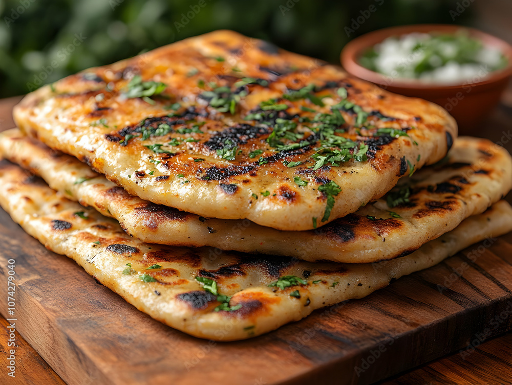 Deliciously grilled naan bread topped with herbs, served with mint yogurt sauce on a wooden board. Deliciously grilled naan bread topped with herbs, served with mint yogurt sauce on a wooden board.