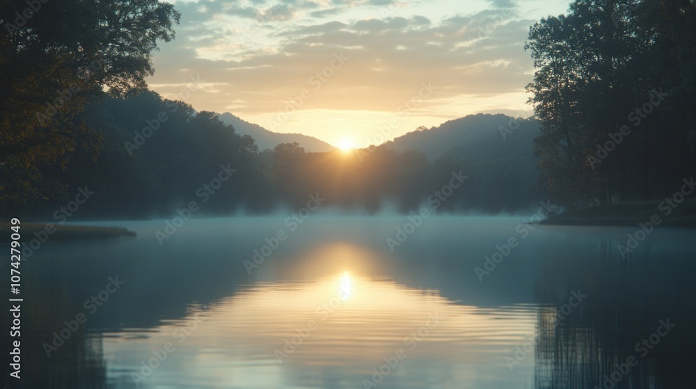 Misty Sunrise Over a Still Lake and Mountain Range Misty Sunrise Over a Still Lake and Mountain Range
