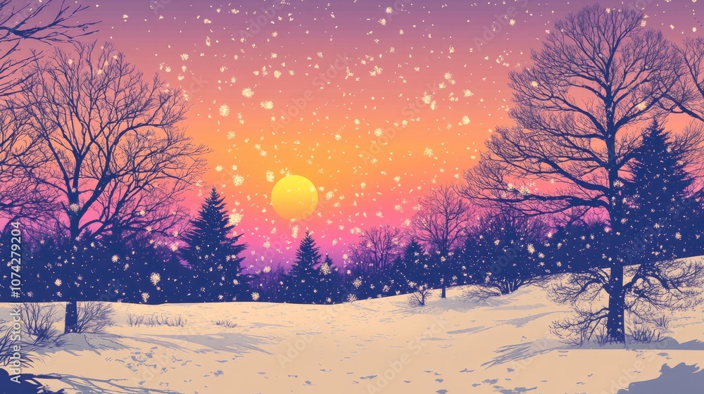 Coloring book illustration of a serene winter landscape featuring a snow covered field and trees with a vibrant sunset in purple and pink hues Coloring book illustration of a serene winter landscape featuring a snow covered field and trees with a vibrant sunset in purple and pink hues