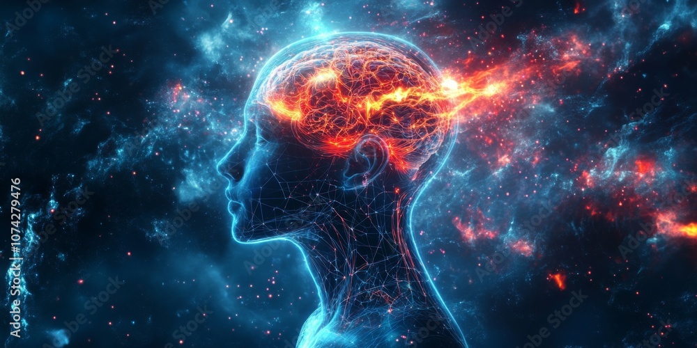 Digital illustration human head neck futuristic technological theme AttentionDeficit/Hyperactivity Disorder (ADHD) Digital illustration human head neck futuristic technological theme AttentionDeficit/Hyperactivity Disorder (ADHD)