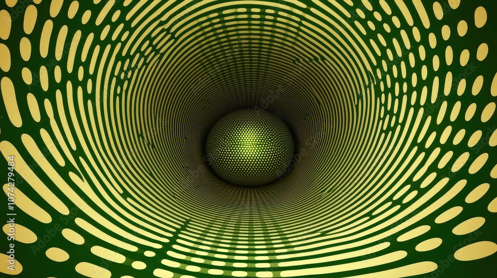 Abstract Green and Yellow 3D Tunnel with Glowing Sphere Abstract Green and Yellow 3D Tunnel with Glowing Sphere