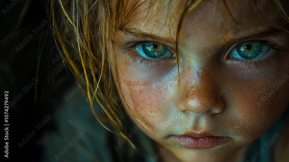 A close-up portrait of a young child with striking blue eyes and messy hair captured in soft light, evoking curiosity and vulnerability A close-up portrait of a young child with striking blue eyes and messy hair captured in soft light, evoking curiosity and vulnerability
