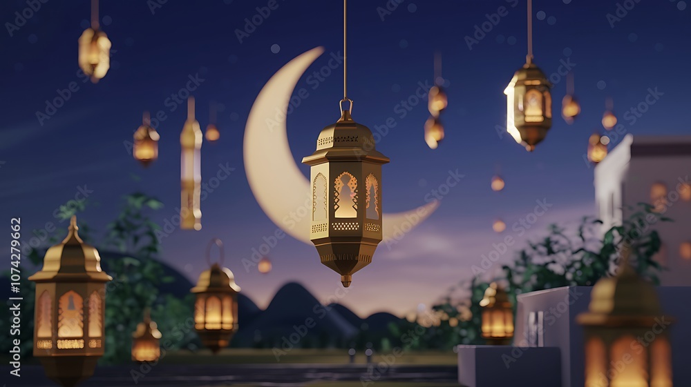 Obraz premium Illuminated Lanterns Hanging Under a Crescent Moon in the Night Sky
