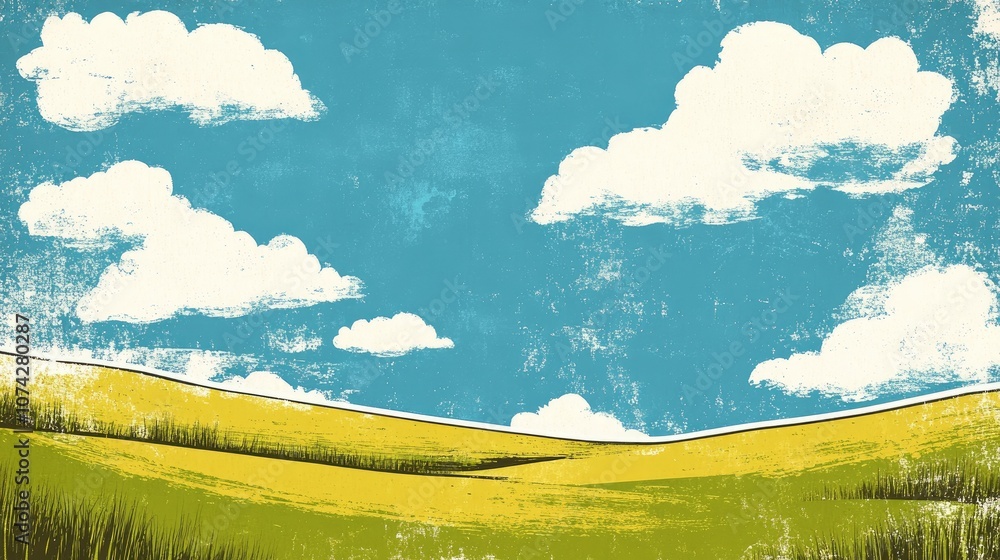 Obraz premium Retro illustration of a blue sky with white clouds over vibrant green fields